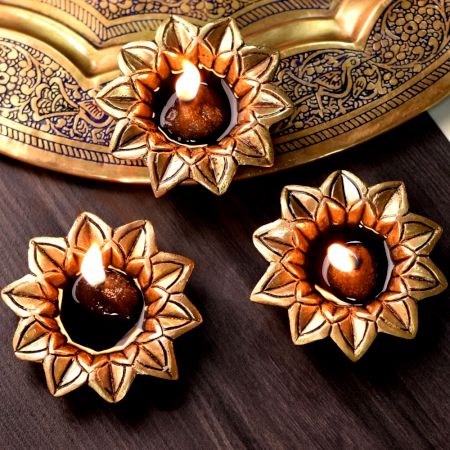 Brass Open Flower Shape Diwali Diya For Decoration Pack of 3